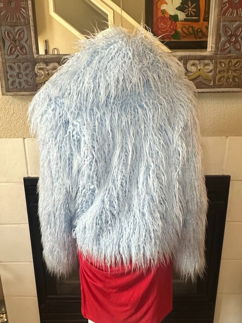 VTG FOREVER21 Blue Long Hair Faux Fur open Jacket Large Long Sleeve Collared - Picture 9 of 16